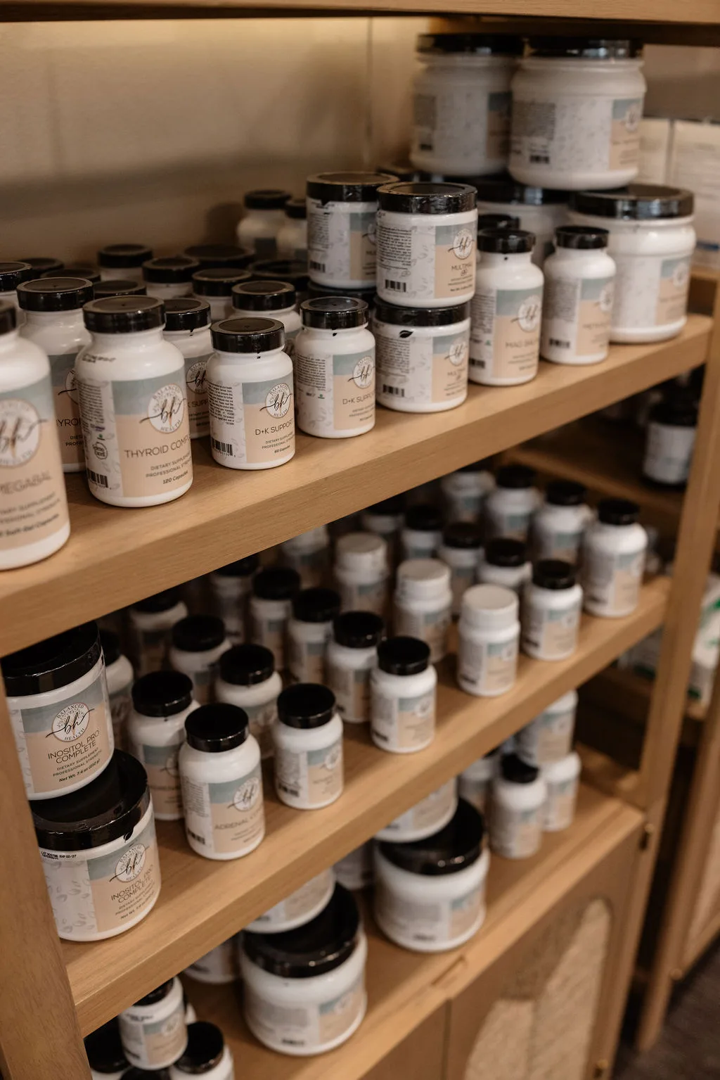 Supplements on the shelf at Balanced Health