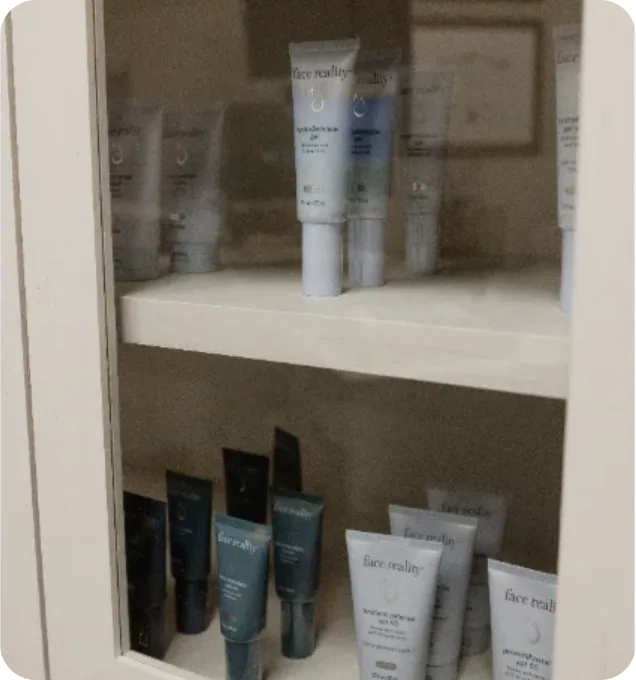 Face Reality skincare products in the display cabinet