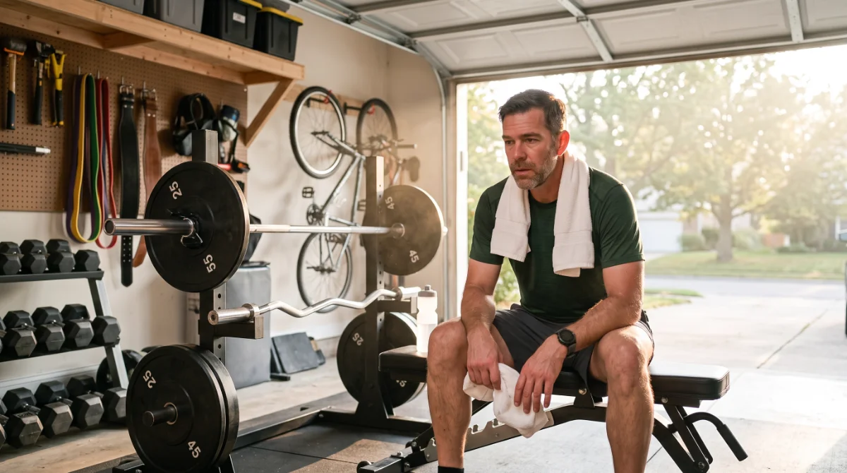 Man in his mid-40s resting after a workout in morning light
