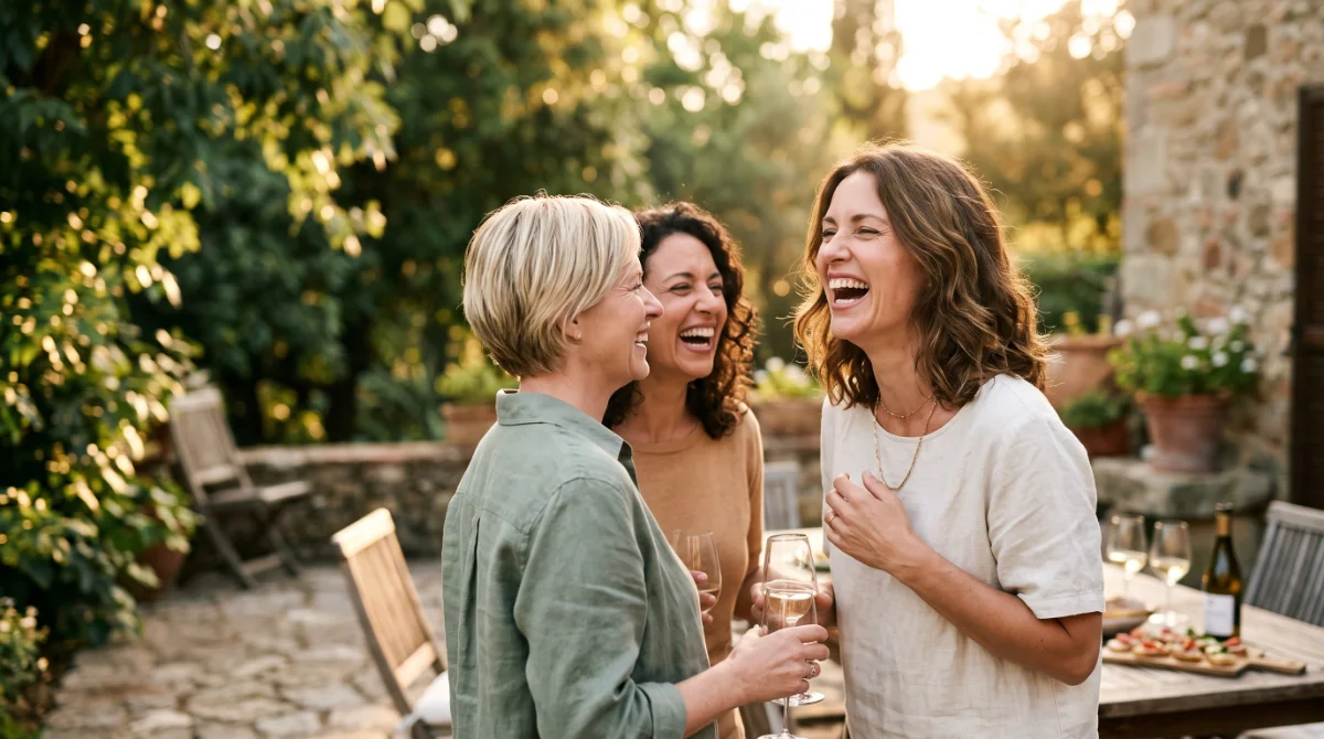 Woman in her 40s laughing with friends