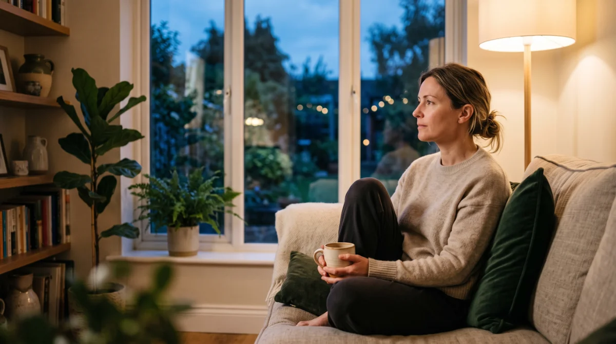 Woman in her early 40s relaxing at home in the evening