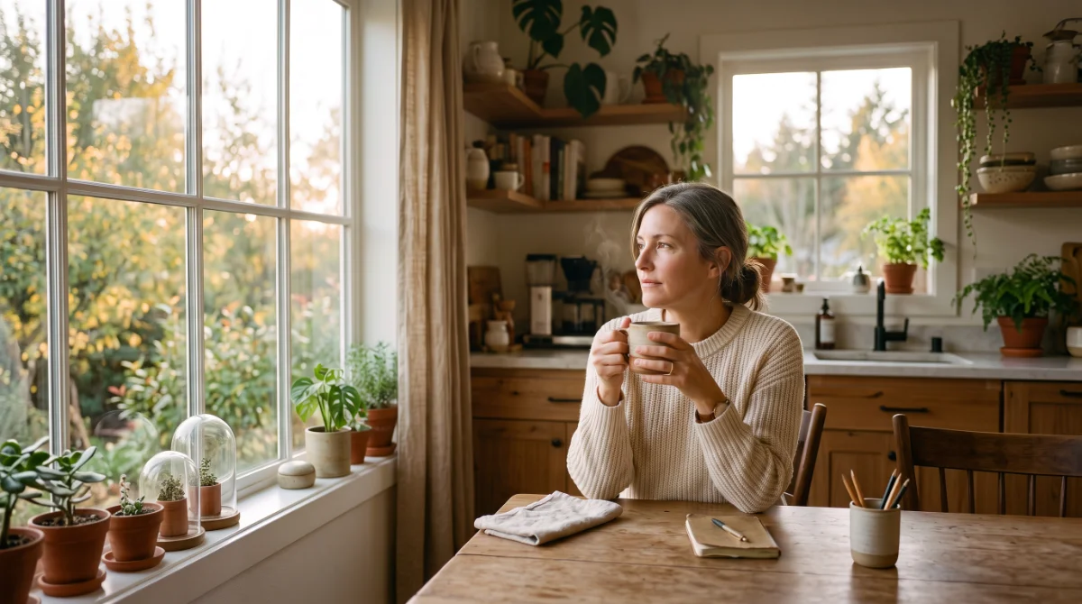 Woman in a cream sweater drinking coffee at a kitchen table, looking out the window in morning light
